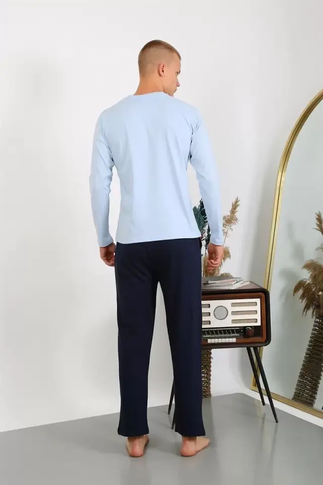 Erkek Penye Uzun Kol Pijama Takımı Buz Mavisi