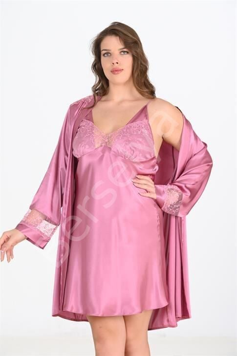 Büyük Beden 2li Gülkurusu Sabahlık Takımı Bigsize 6204