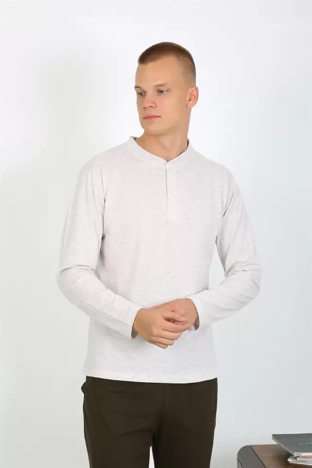 Erkek Penye Uzun Kol Pijama Takımı Ekru