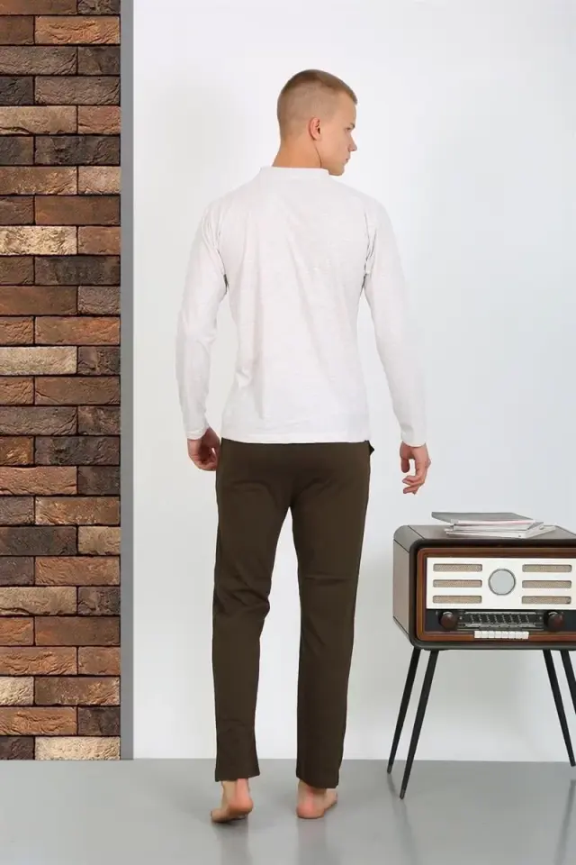 Erkek Penye Uzun Kol Pijama Takımı Ekru