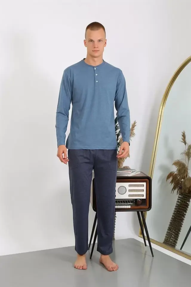 Erkek Penye Uzun Kol Pijama Takımı İndigo