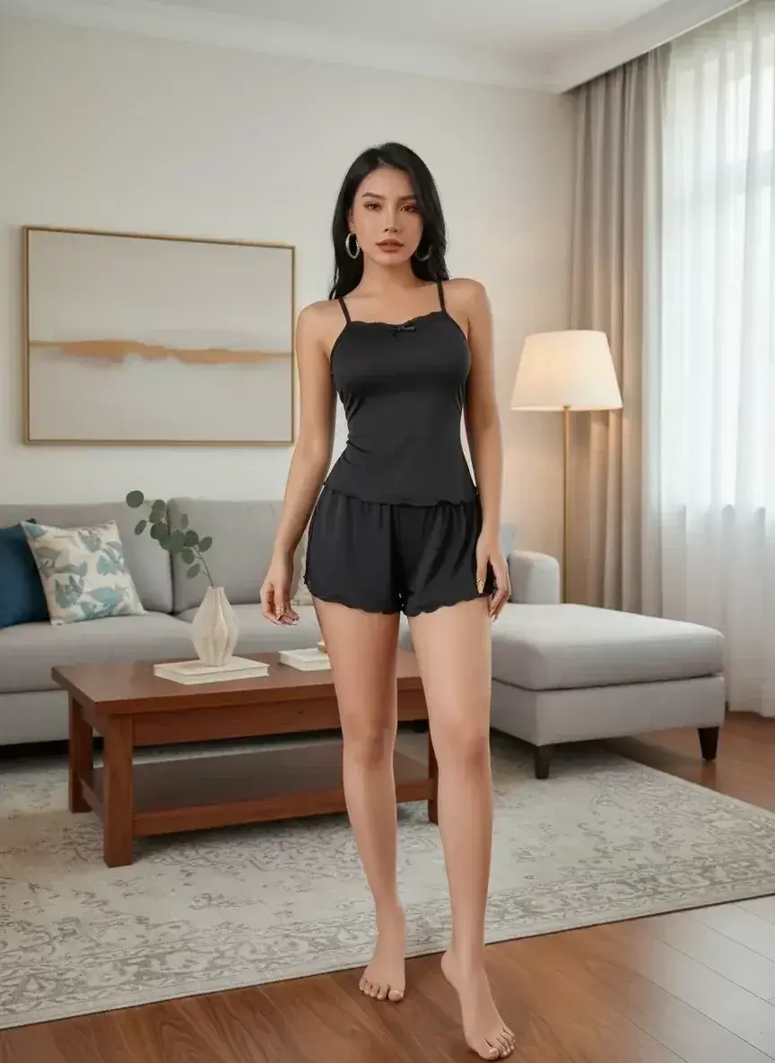 Kadın Siyah Yırtmaç Detaylı Şortlu Pijama Takımı Rahat Şık 2’li Set