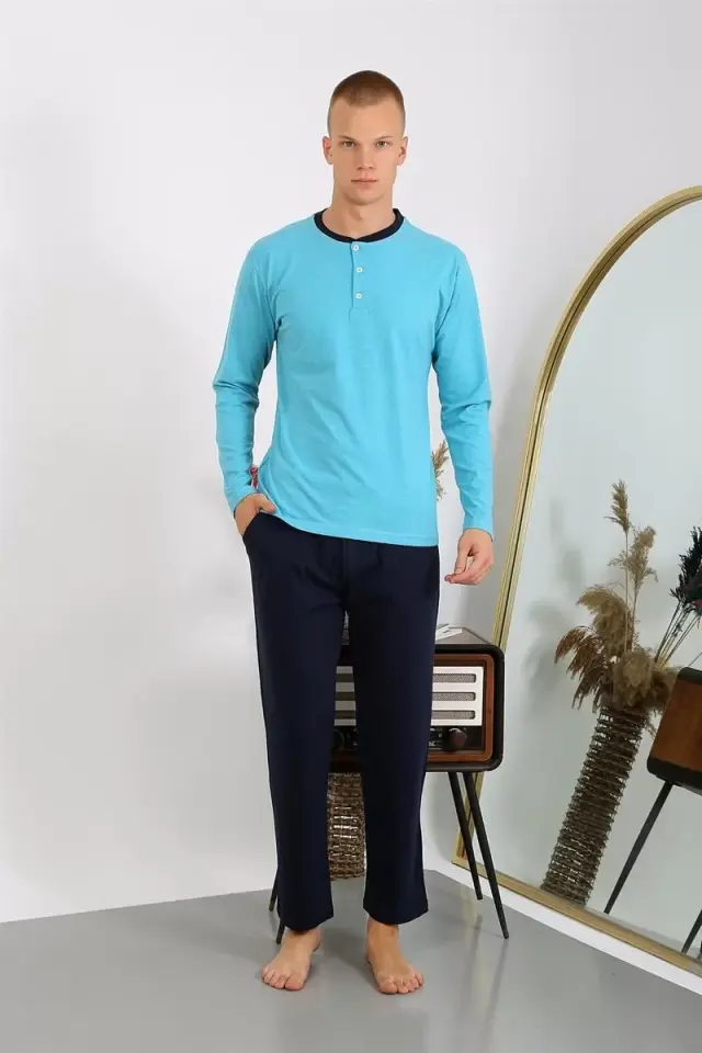 Erkek Penye Uzun Kol Pijama Takımı Turkuaz