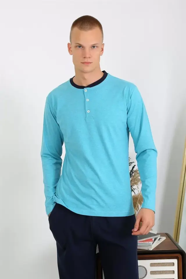 Erkek Penye Uzun Kol Pijama Takımı Turkuaz