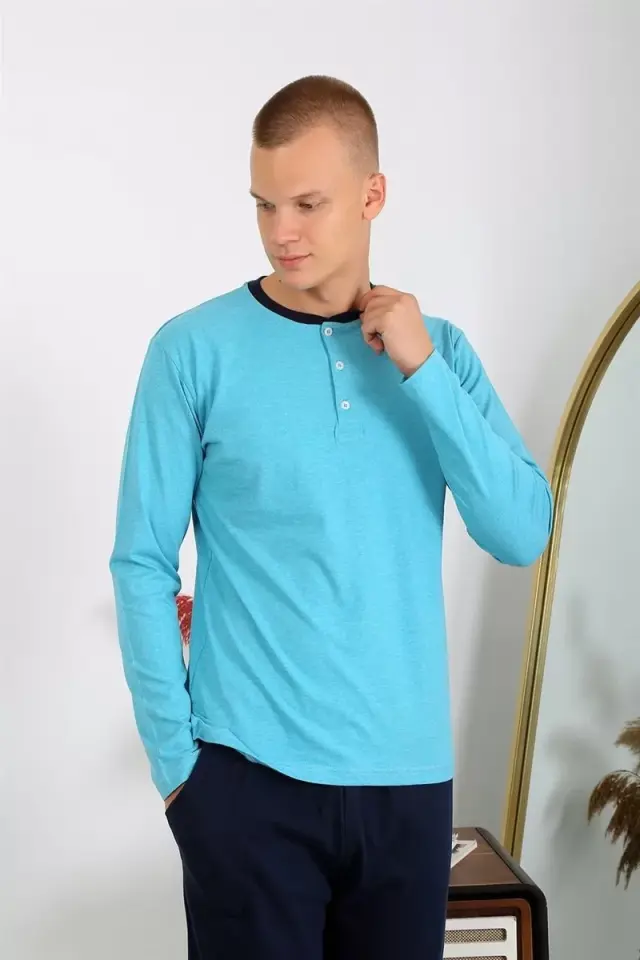 Erkek Penye Uzun Kol Pijama Takımı Turkuaz