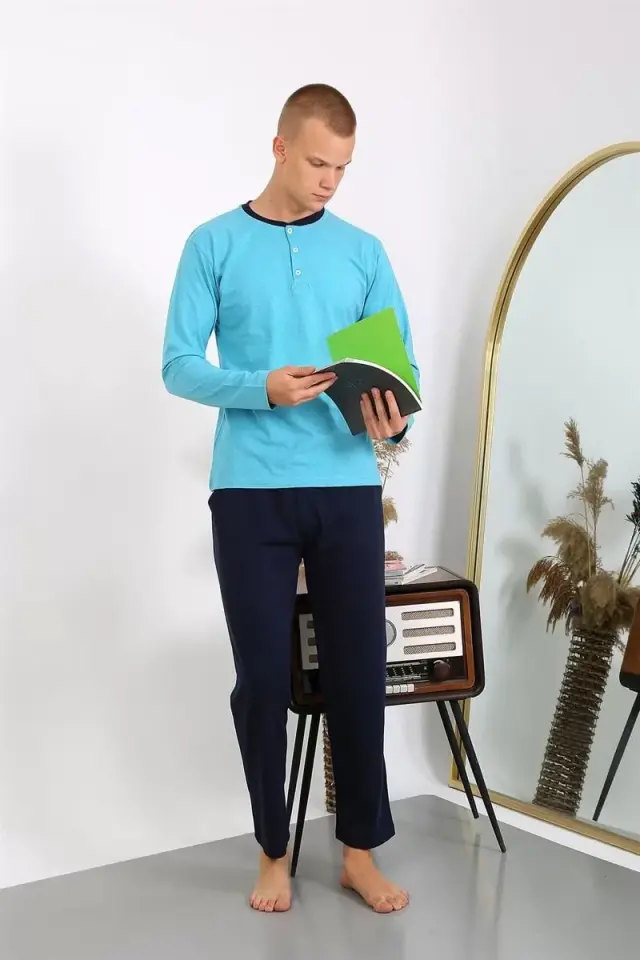 Erkek Penye Uzun Kol Pijama Takımı Turkuaz