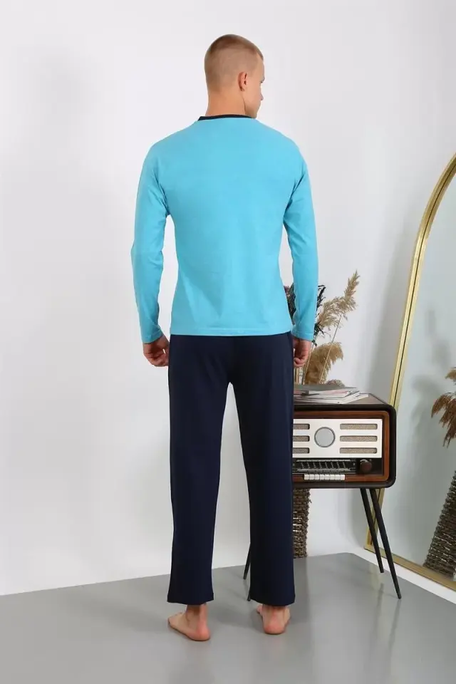 Erkek Penye Uzun Kol Pijama Takımı Turkuaz