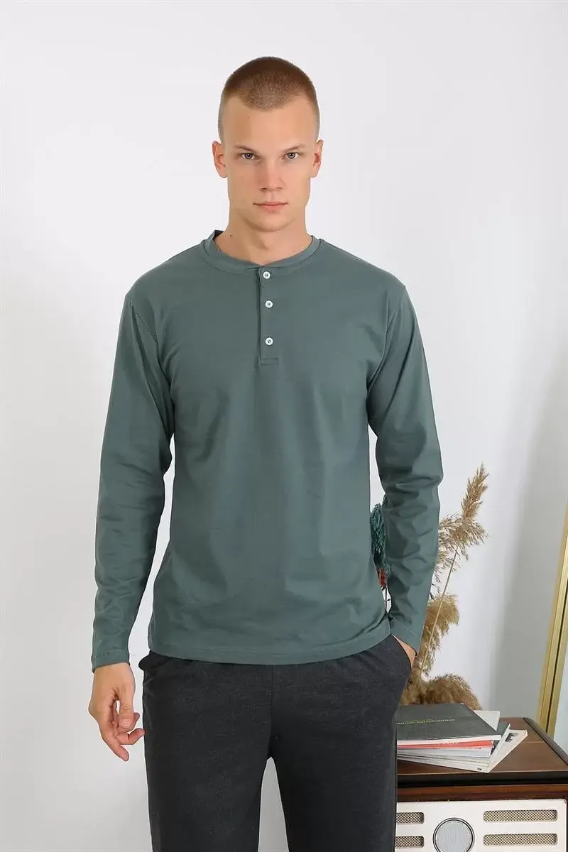 Erkek Penye Uzun Kol Pijama Takımı Haki