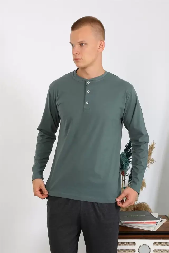 Erkek Penye Uzun Kol Pijama Takımı Haki