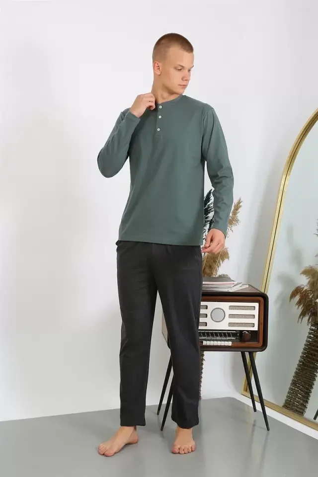 Erkek Penye Uzun Kol Pijama Takımı Haki
