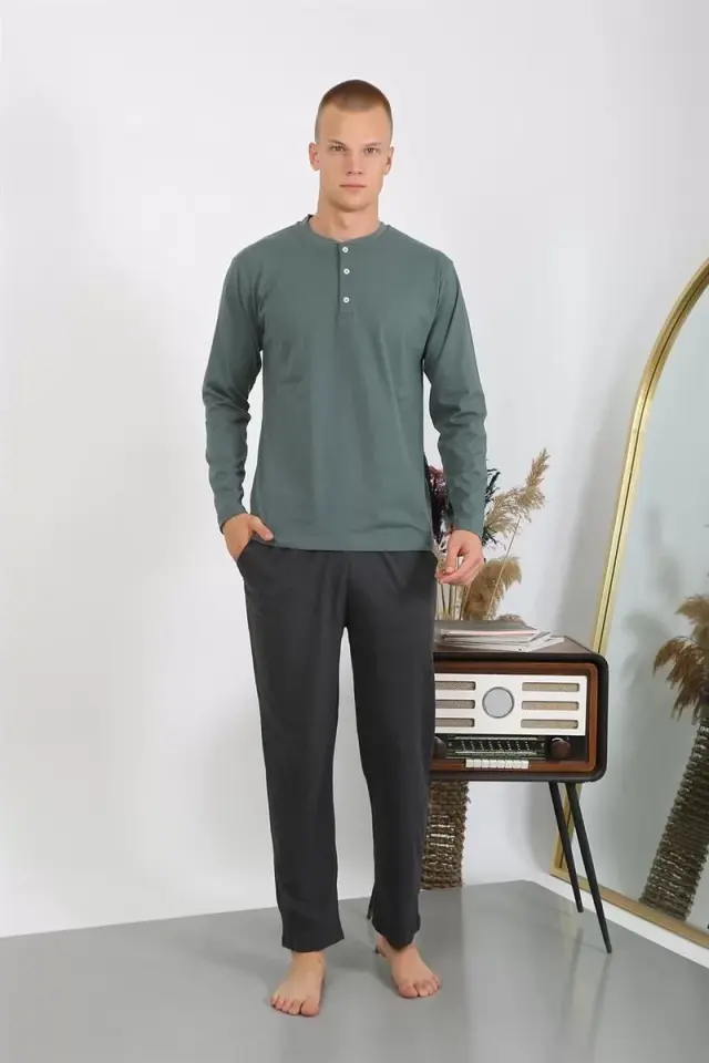 Erkek Penye Uzun Kol Pijama Takımı Haki