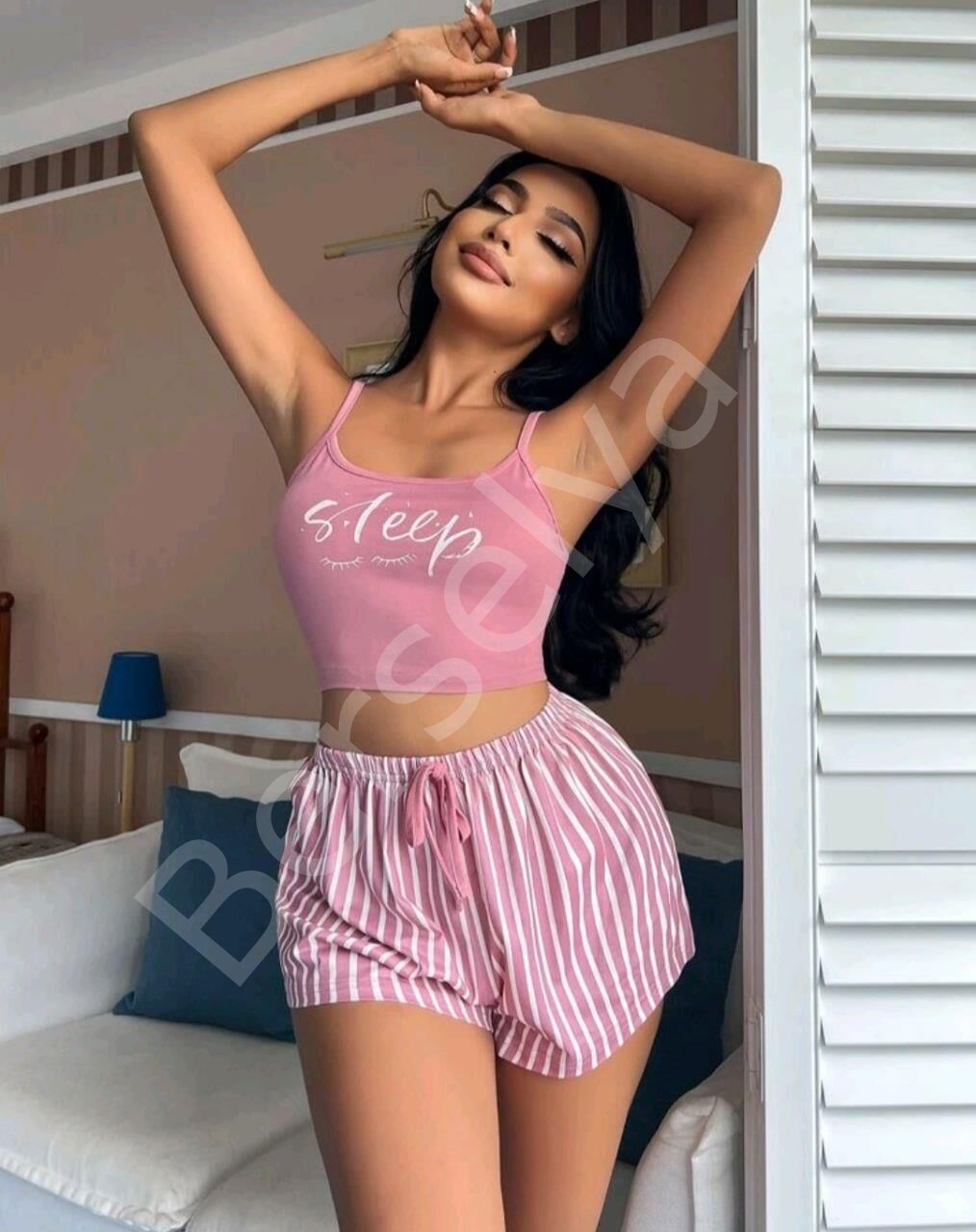 Kadın Pembe Çizgili Desen Askılı Şortlu Pijama Takım 9002