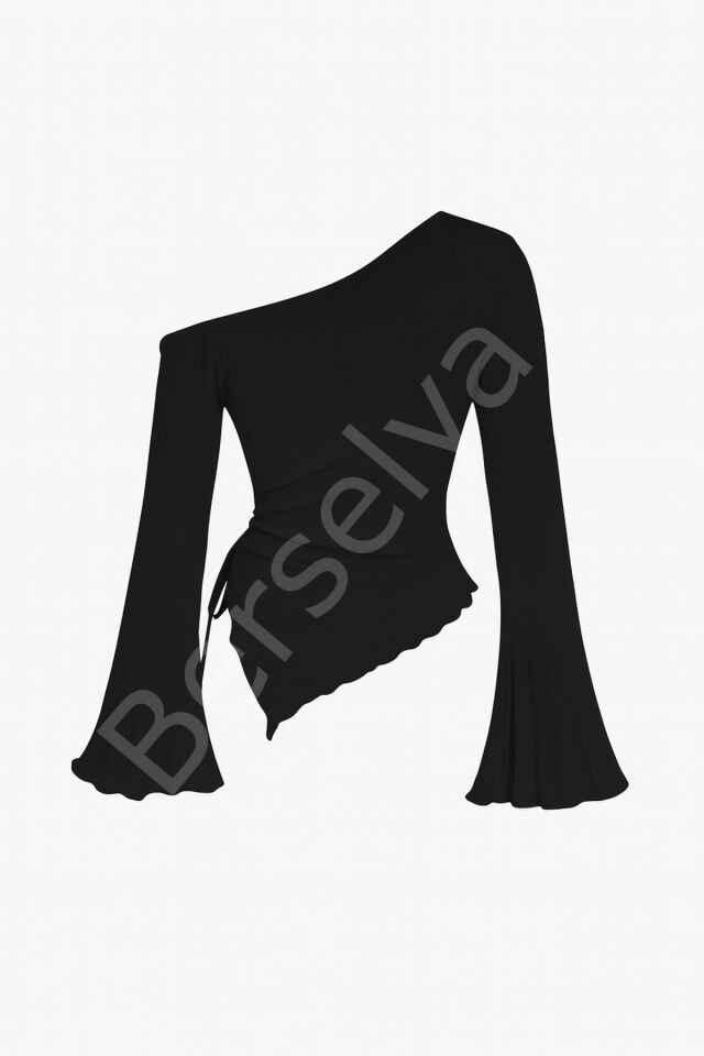 Kadın Siyah Uzun İspanyol Kollu Asimetirik Yaka Yandan Bağlamalı Drapeli Bluz