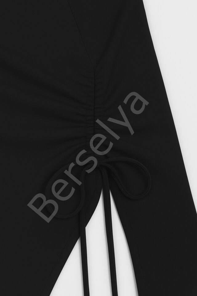 Kadın Siyah Uzun İspanyol Kollu Asimetirik Yaka Yandan Bağlamalı Drapeli Bluz