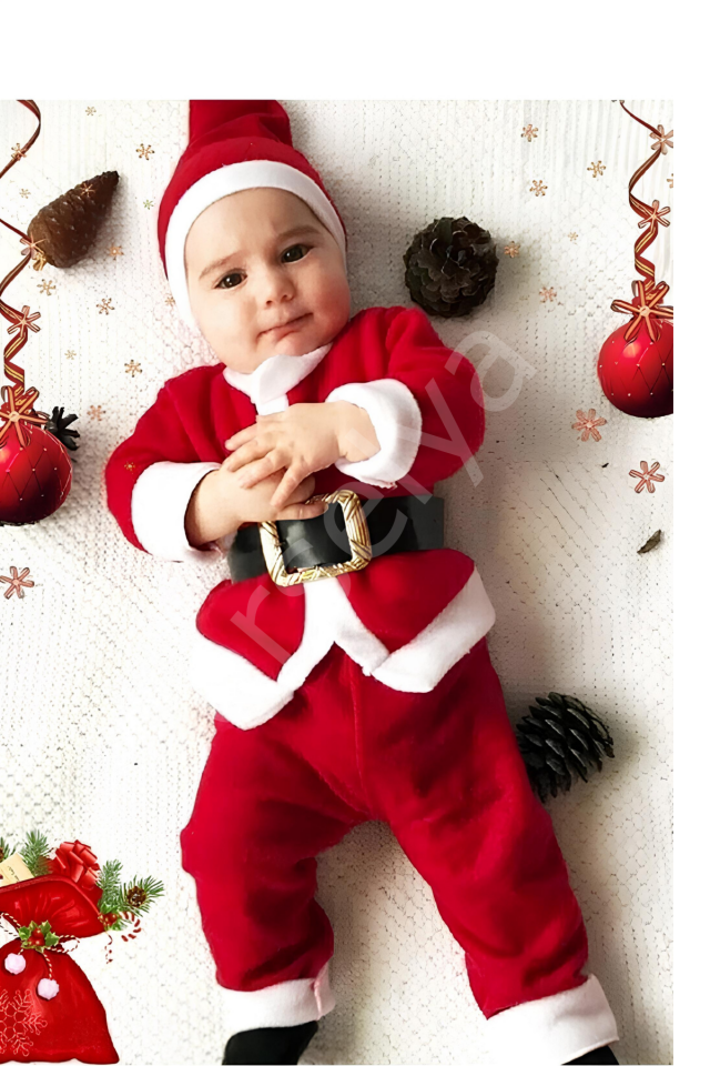 Erkek Çocuk Noel Baba Yılbaşı Kostümü Şapkalı Kemerli 3-4 Yaş