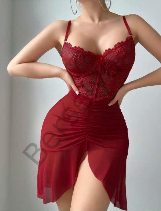 Fırfırlı Dantel İşlemeli Tül Fantezi Bordo Gecelik