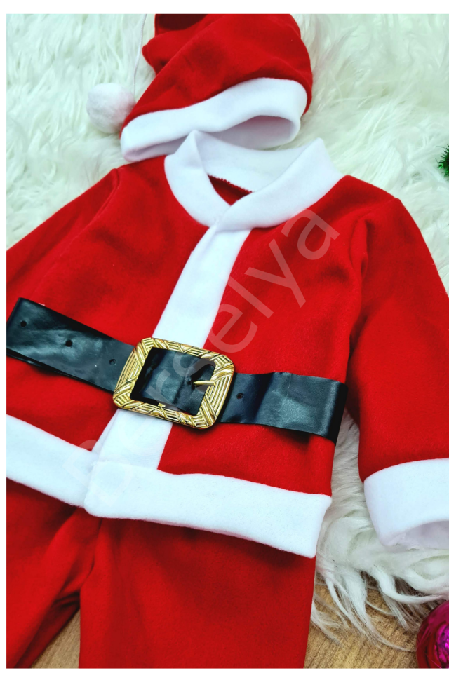 Erkek Çocuk Noel Baba Yılbaşı Kostümü Şapkalı Kemerli 4-5 Yaş