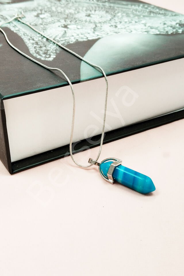 Mavi Akik Doğal Taşı Zincirli El Yapımı Tasarımlı Kolye Uç: 3,5 cm Zincir: 20 cm Kutulu