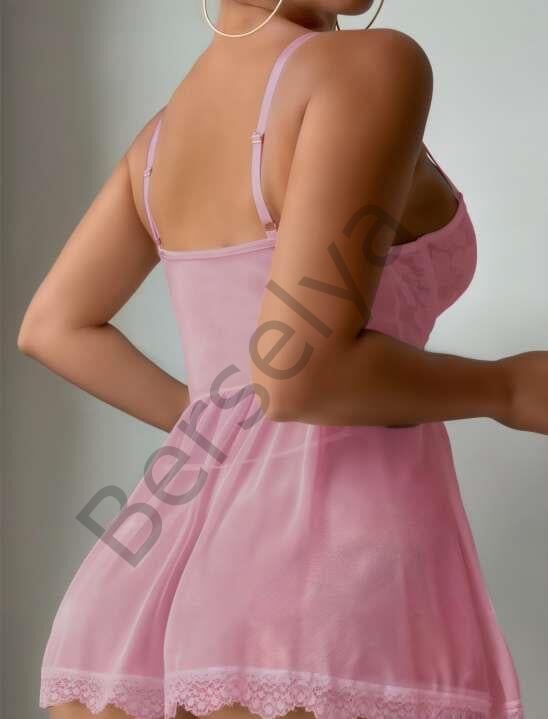 Özel Tasarım Pembe Dantel İşlemeli Tül Fantezi Gecelik