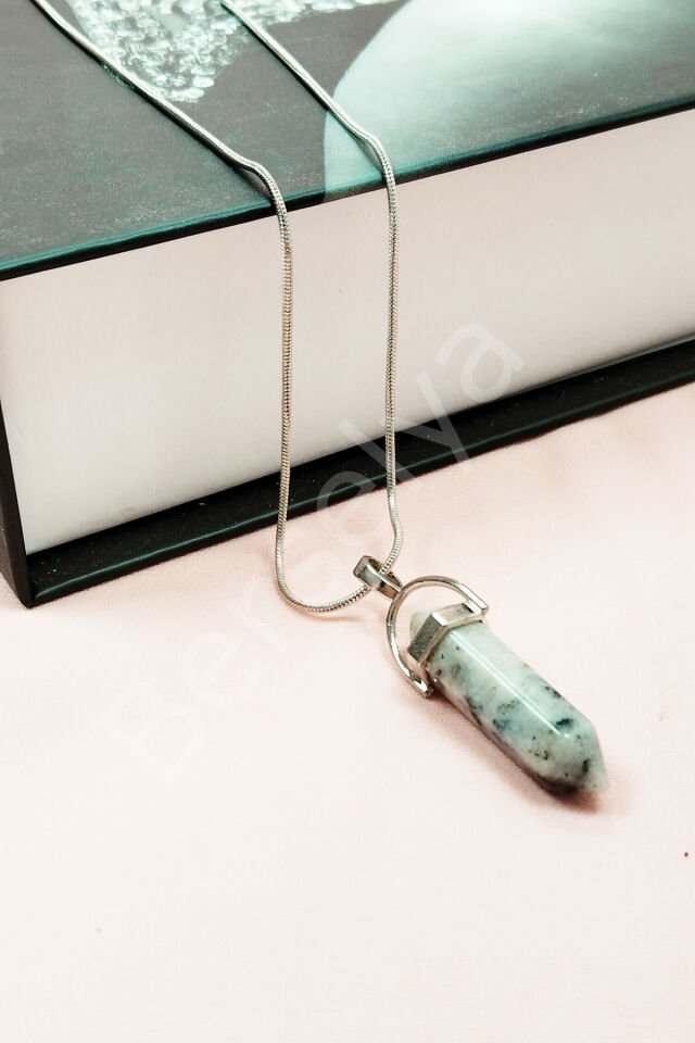 Mavi Kuvars Doğal Taşı Zincirli El Yapımı Tasarımlı Kolye Uç: 3,5 cm Zincir: 20 cm Kutulu