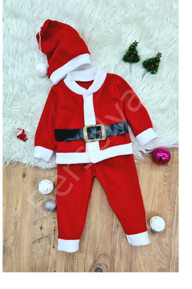 Erkek Çocuk Noel Baba Yılbaşı Kostümü Şapkalı Kemerli 6-7 Yaş