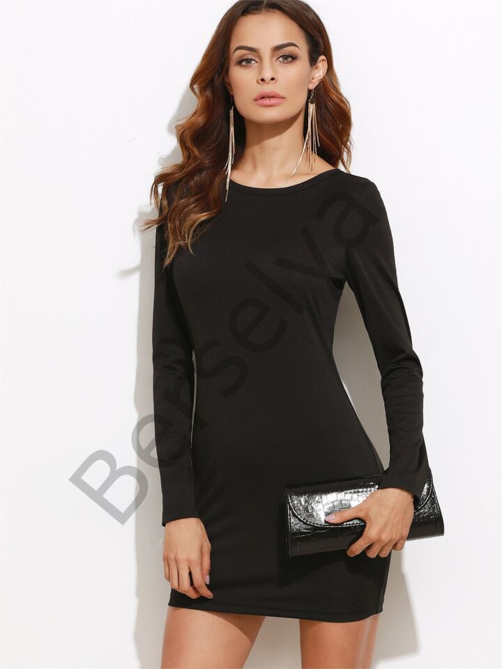 B101321 Sırt Dekolteli Uzun Kollu Mini Elbise