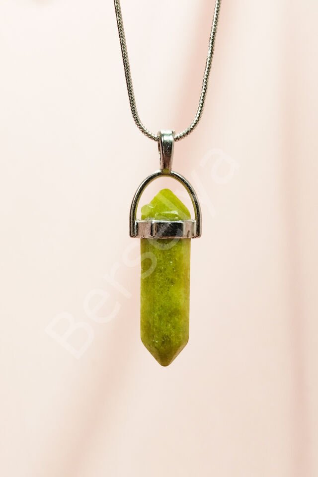 Moldavit Doğal Taşı Zincirli El Yapımı Tasarımlı Kolye Uç: 3,5 cm Zincir: 20 cm Kutulu