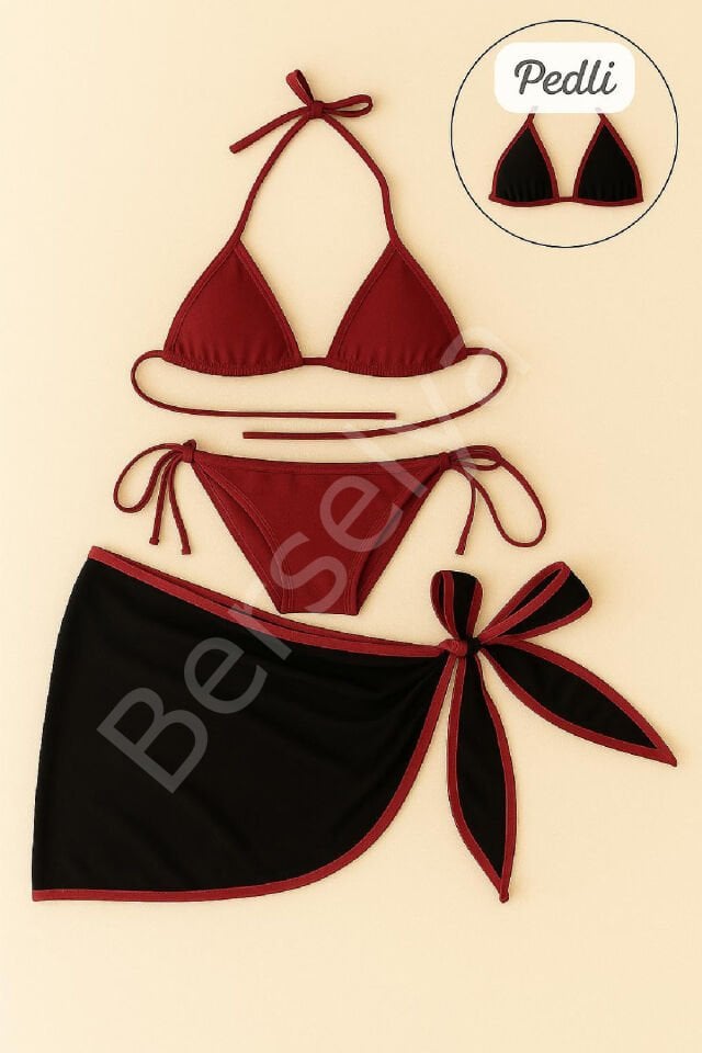 Kadın Bordo Siyah Pareolu Yandan Ve Boyundan Bağlamalı 3'lü Bikini Takımı