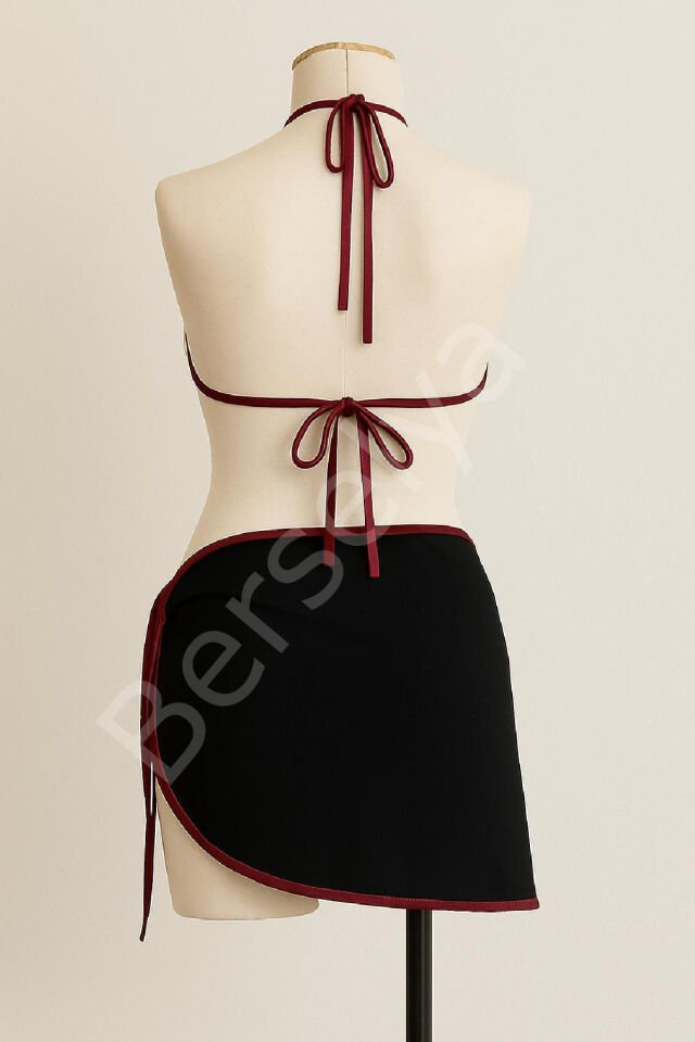 Kadın Bordo Siyah Pareolu Yandan Ve Boyundan Bağlamalı 3'lü Bikini Takımı