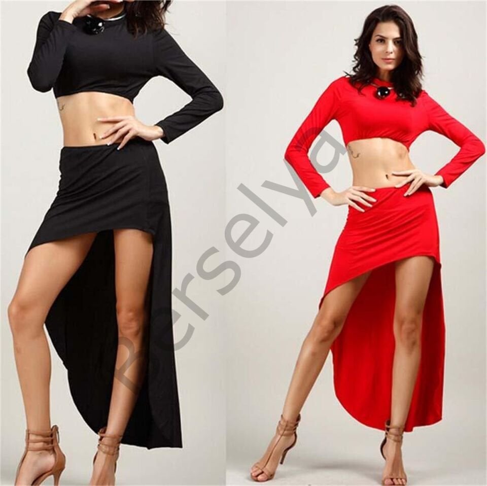 B101337 Asimetrik Etek Ve Uzun Kollu Büstiyer Takım