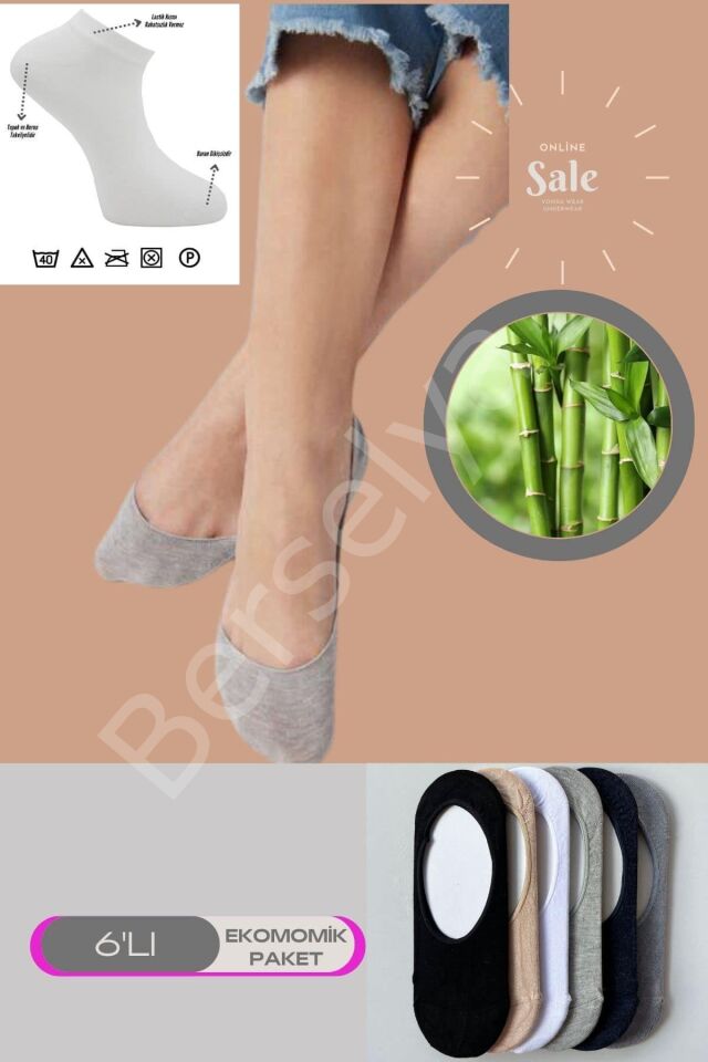 6lı Bambu Topuk Burun Dikişsiz Görünmez Spor Kadın Babet Çorap Pamuk 1010-6lı
