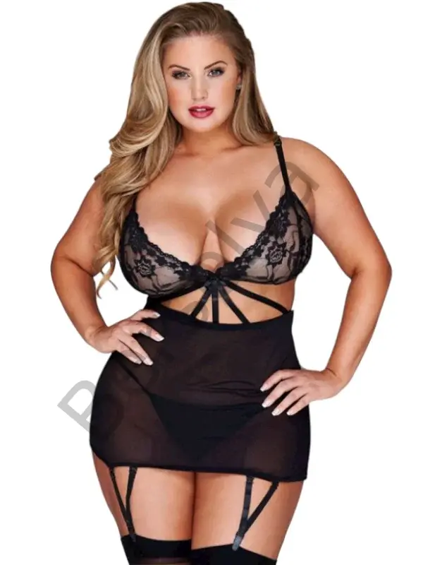 Büyük Beden Fantazi Mini Etekli Dantelli Siyah Jartiyer Takım