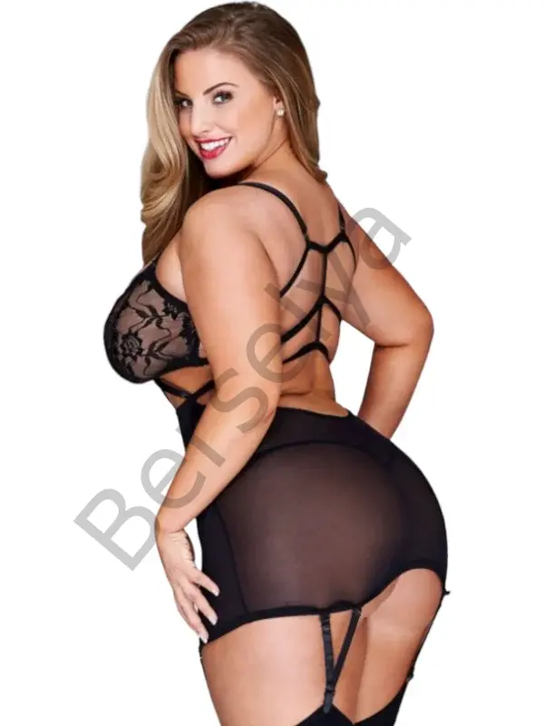 Büyük Beden Fantazi Mini Etekli Dantelli Siyah Jartiyer Takım