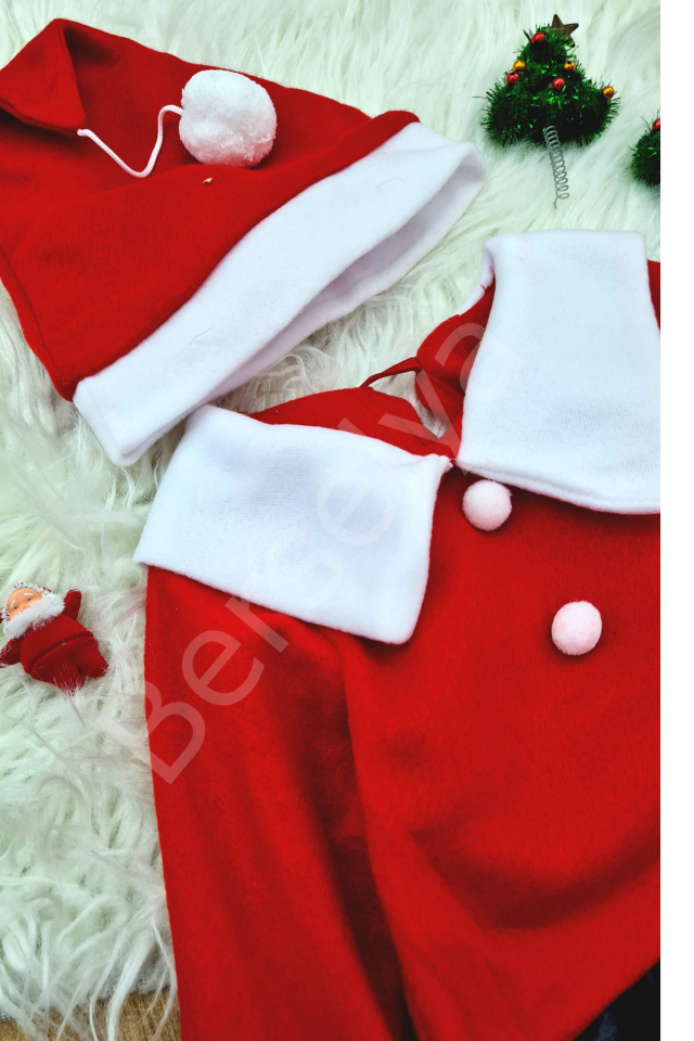 Kız Çocuk Noel Anne Yılbaşı Kostümü Etekli Şapkalı Elbise Yılbaşı Noel Baba Kostüm 3-4 Yaş