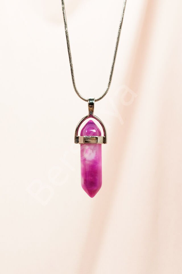 Pembe Akit Doğal Taşı Zincirli El Yapımı Tasarımlı Kolye Uç: 3,5 cm Zincir: 20 cm Kutulu