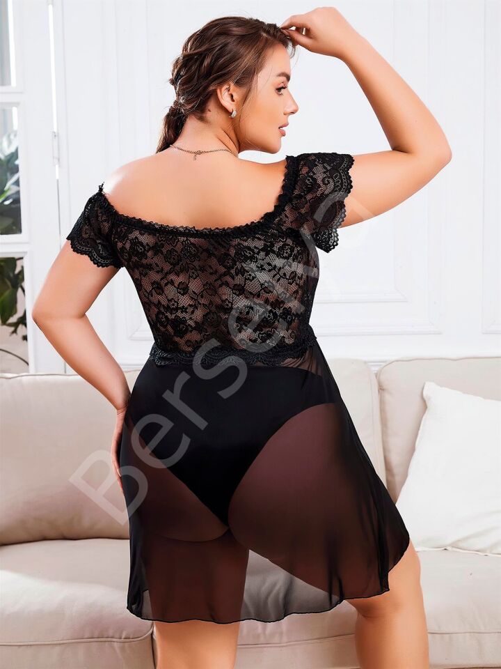 Dantel Detaylı Fantazi Büyük Beden Tül Gecelik