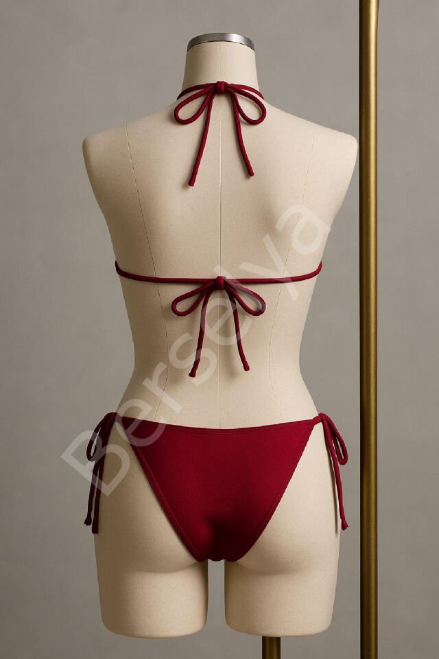 Kadın Bordo Yandan Ve Boyundan Bağlamalı Bikini Mayo Takımı