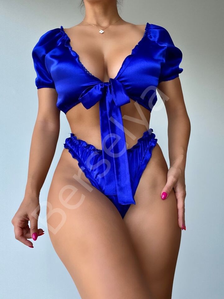 Kadın Saten Saks Mavisi Bağlamalı Sütyen Takımı 3423