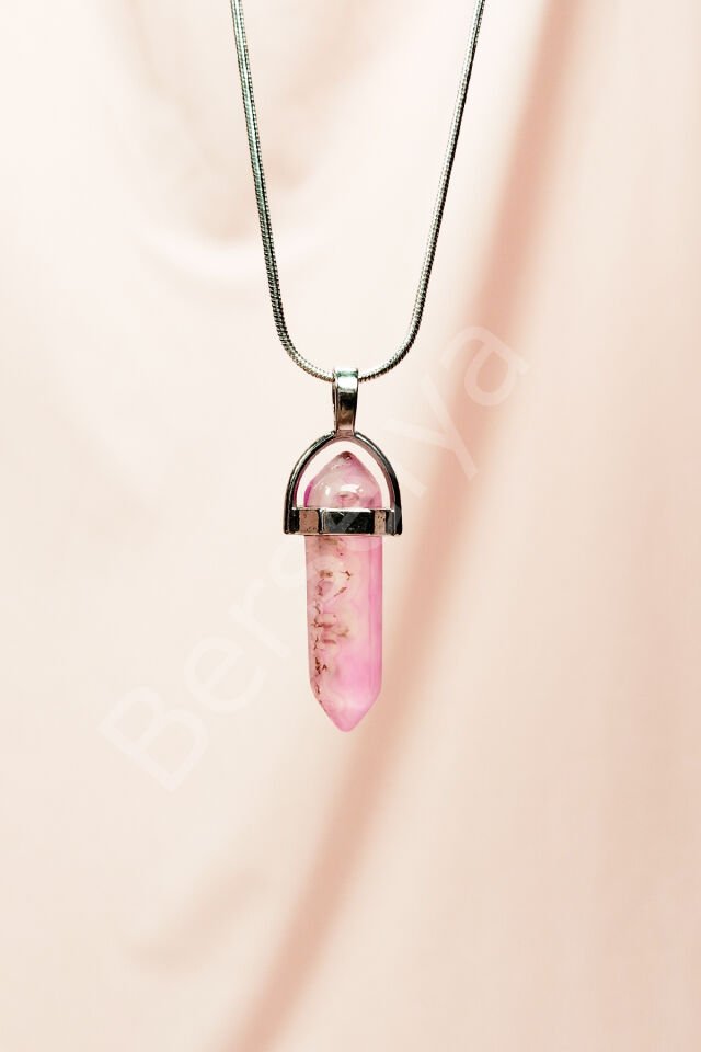 Pembe Kuvars Doğal Taşı Zincirli El Yapımı Tasarımlı Kolye Uç: 3,5 cm Zincir: 20 cm Kutulu