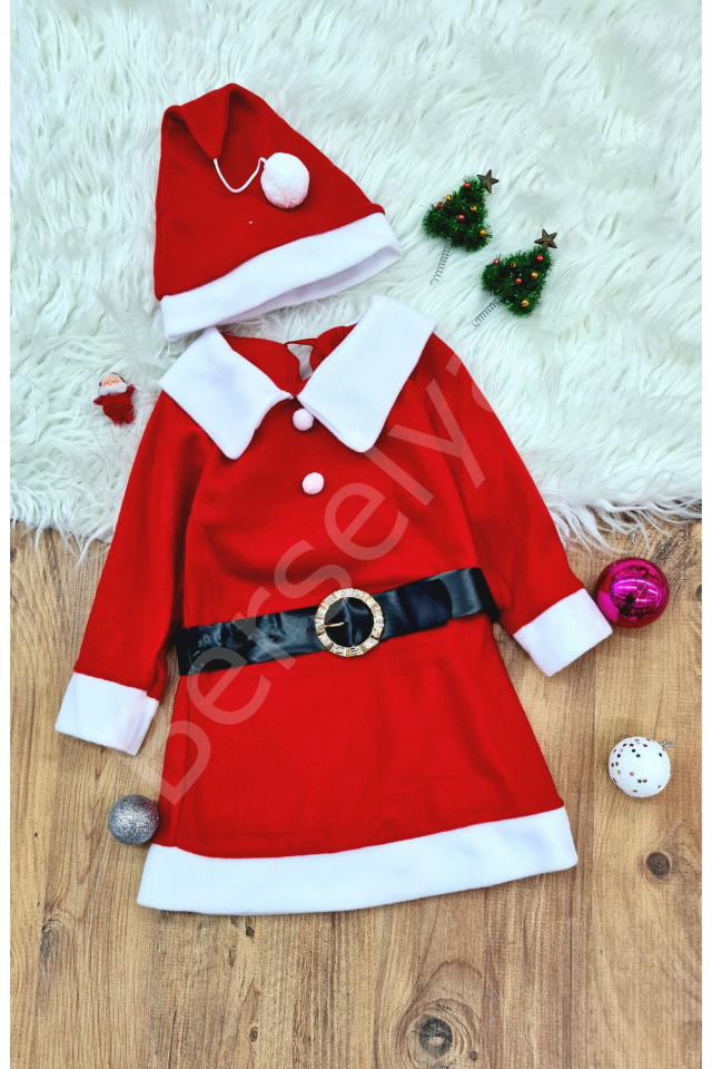 Kız Çocuk Noel Anne Yılbaşı Kostümü Etekli Şapkalı Elbise Yılbaşı Noel Baba Kostüm 6-7 Yaş