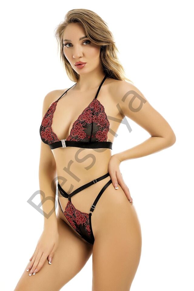 Fantezi Kırmızı Çiçekli Lastikli Sütyen Külot Takım