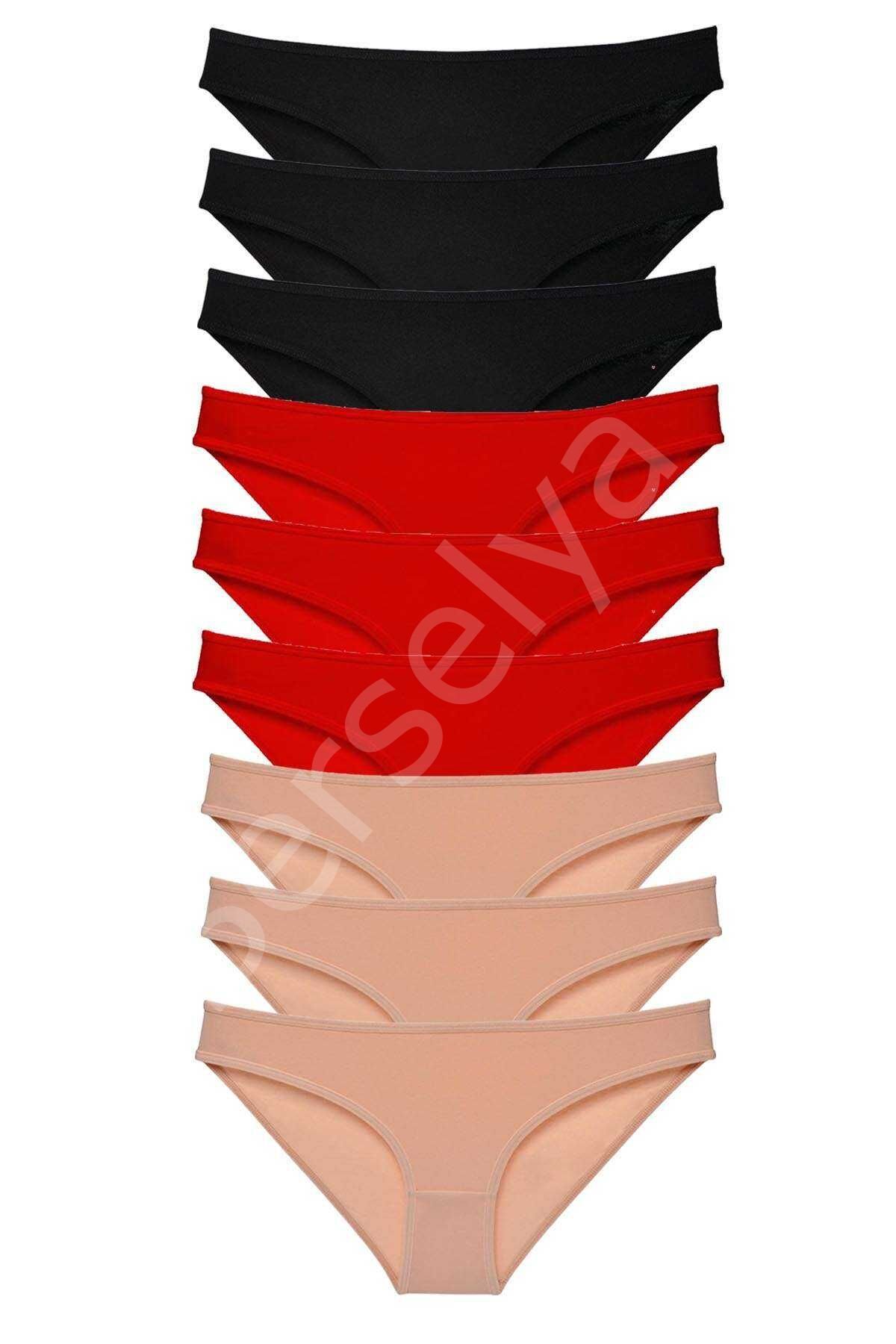 9 adet Süper Eko Set Likralı Kadın Slip Külot Siyah Kırmızı Ten S