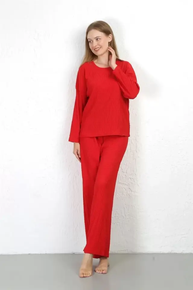 Kadın Bürümcük Kumaş Pijama Takım Kırmızı