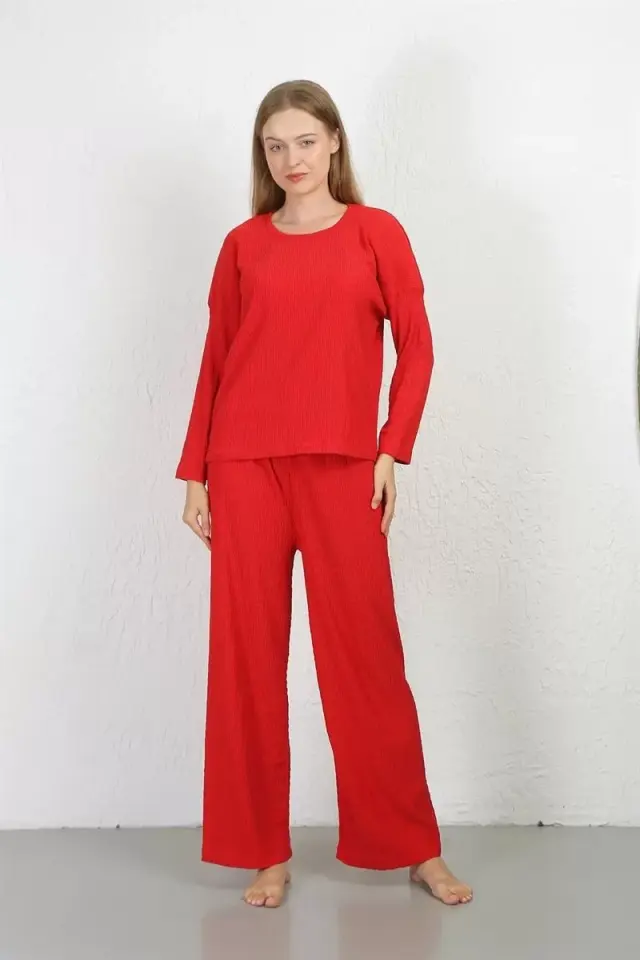 Kadın Bürümcük Kumaş Pijama Takım Kırmızı