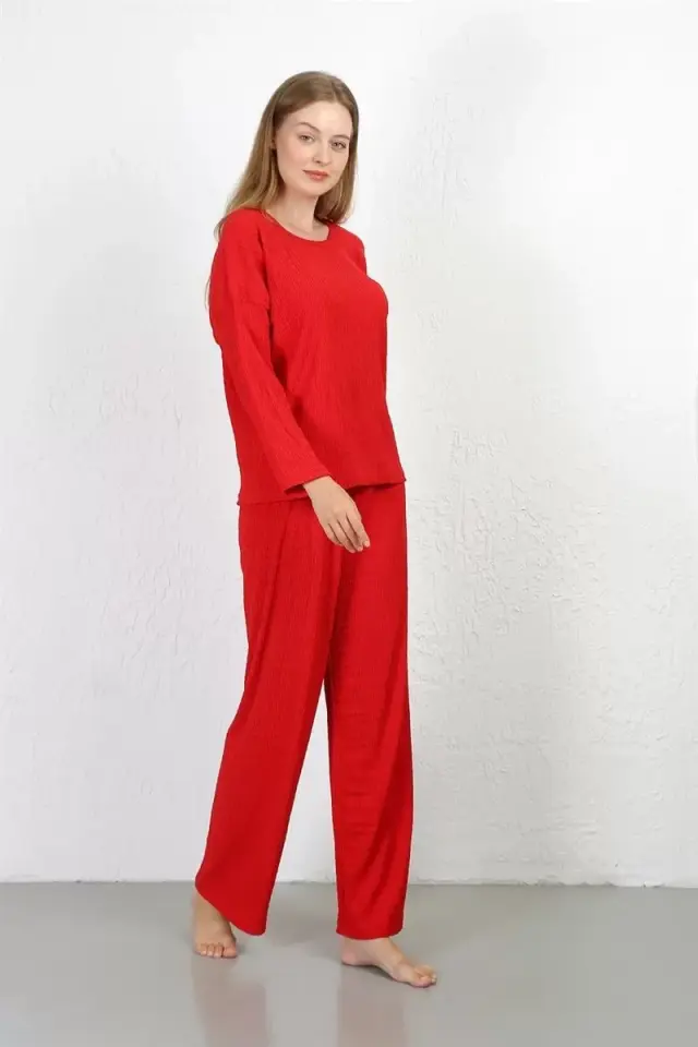 Kadın Bürümcük Kumaş Pijama Takım Kırmızı