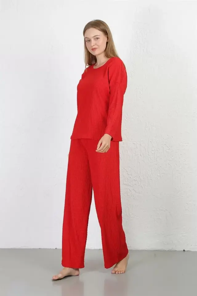 Kadın Bürümcük Kumaş Pijama Takım Kırmızı