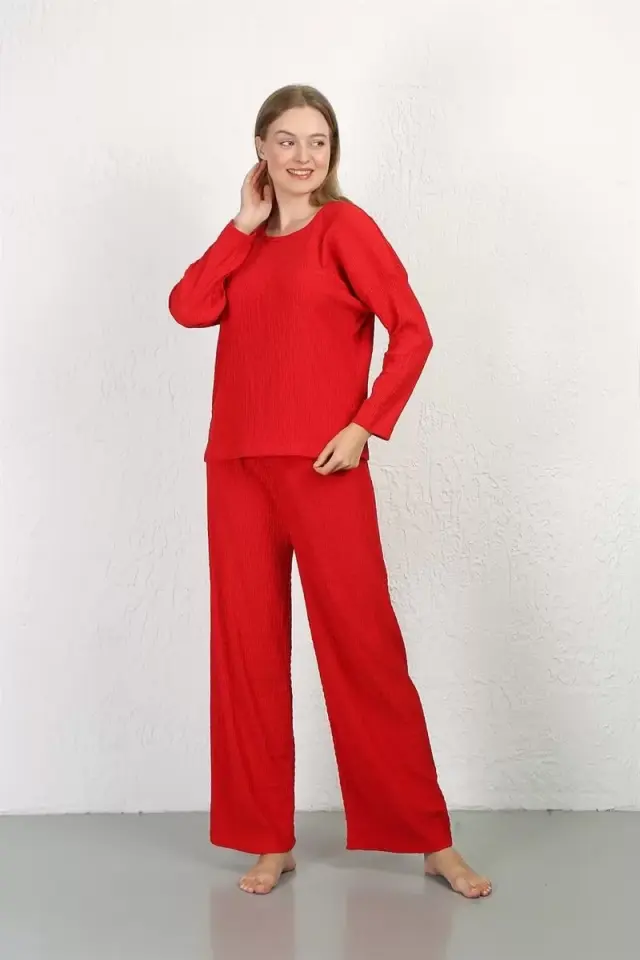 Kadın Bürümcük Kumaş Pijama Takım Kırmızı