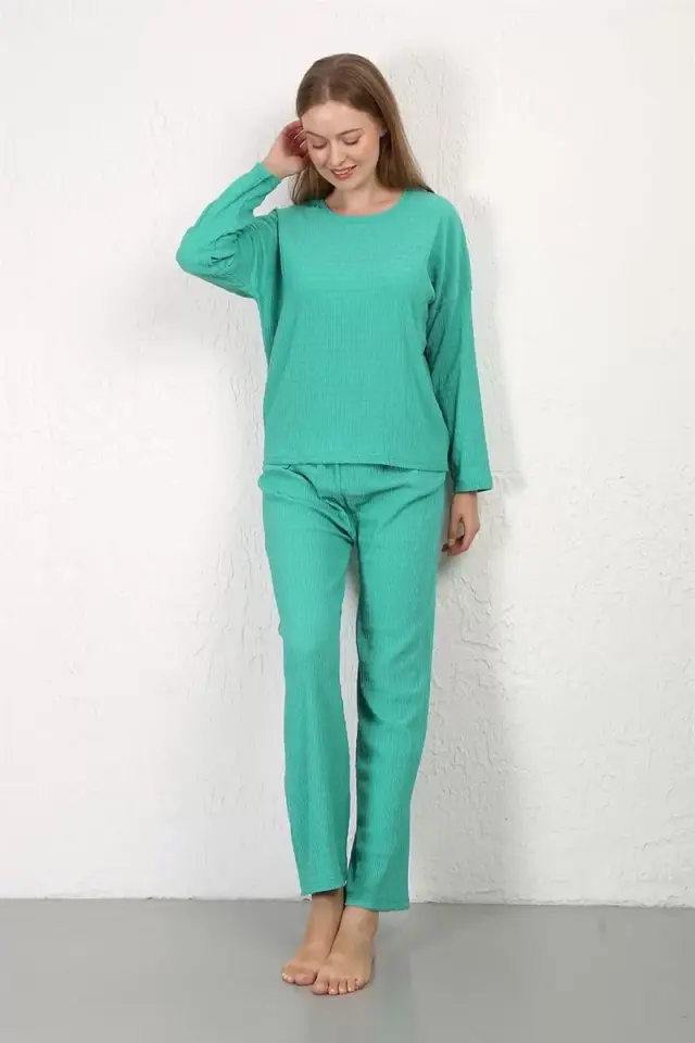 Kadın Bürümcük Kumaş Pijama Takım Yeşil