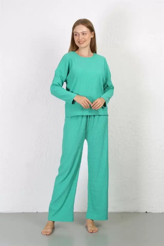Kadın Bürümcük Kumaş Pijama Takım Yeşil