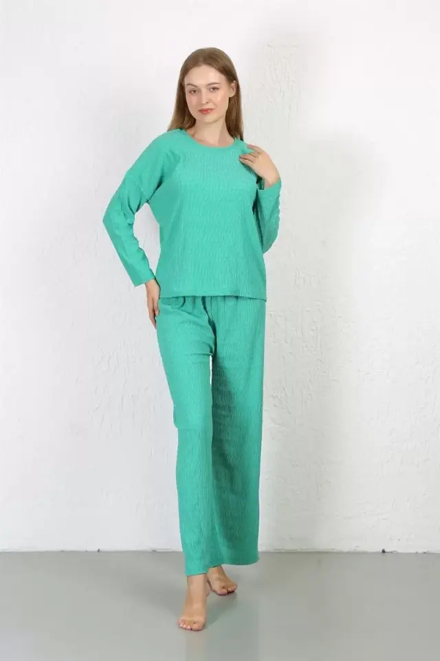Kadın Bürümcük Kumaş Pijama Takım Yeşil